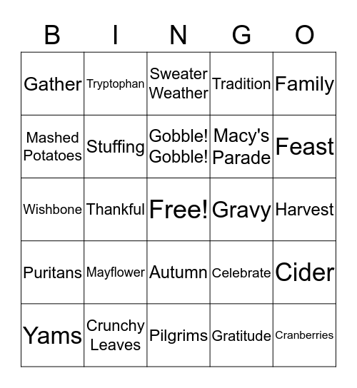 WEB's Thanksgiving Bingo! Bingo Card