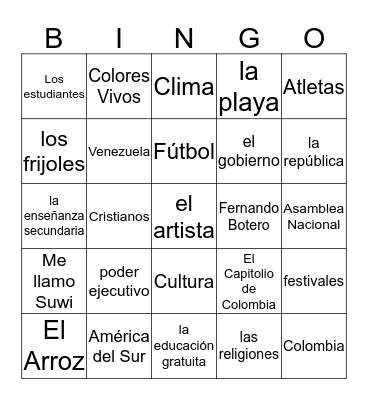 Colombia o Venezuela Bingo Card