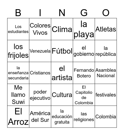 Colombia o Venezuela Bingo Card
