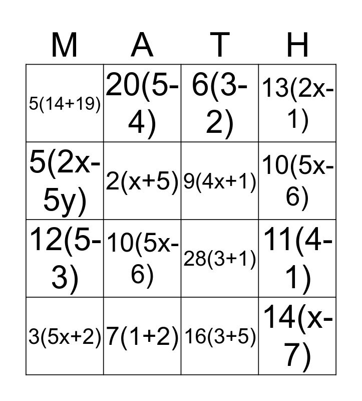 Factoring Expressions Bingo Card