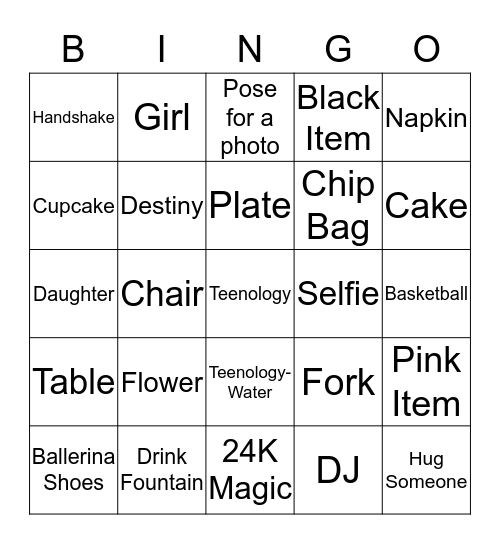 Destiny's 24 K Magic Teenology Bingo Card