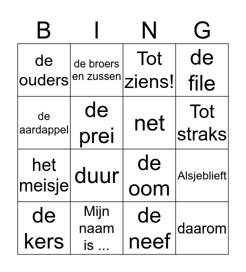 Trede 1 Woordenschat Bingo Card