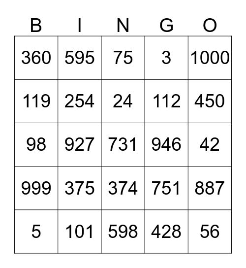 Getallen tot 1000 Bingo Card