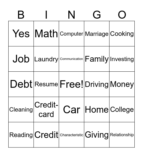Life Skills Bingo Card