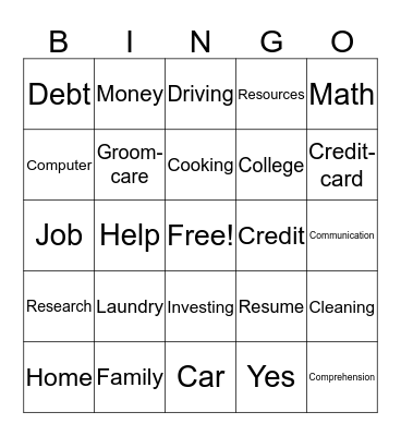 Life Skills Bingo Card