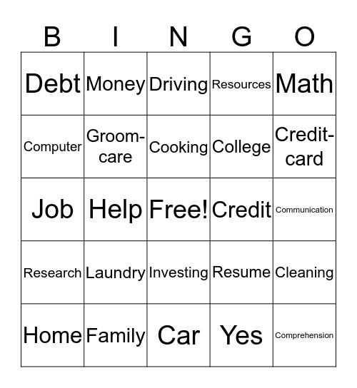 Life Skills Bingo Card