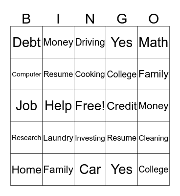 Life Skills Bingo Card