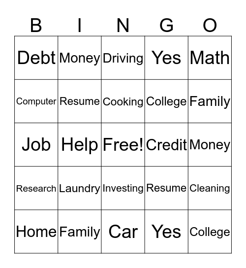 Life Skills Bingo Card