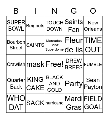 Saints/Mardi Gras Bingo Card