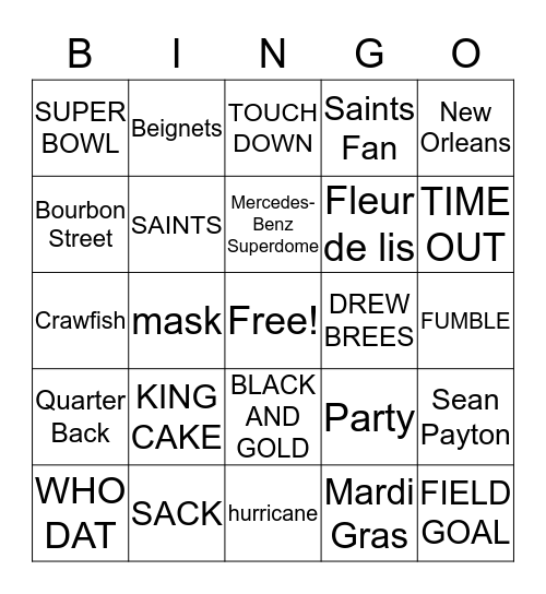 Saints/Mardi Gras Bingo Card