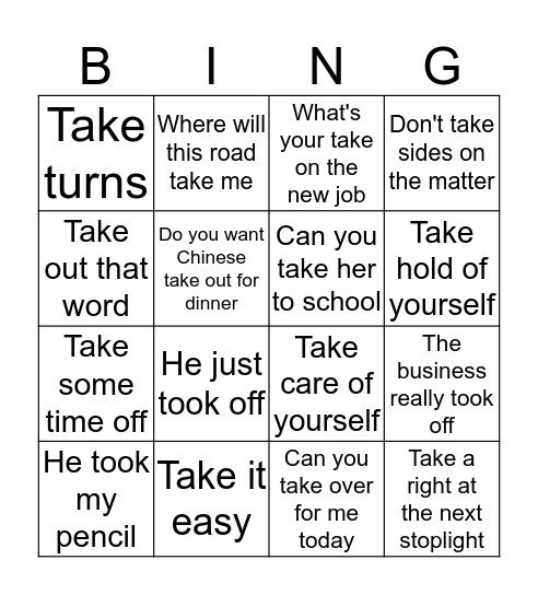 Take/Took Bingo Card
