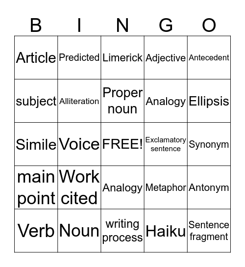 Language Bingo Card