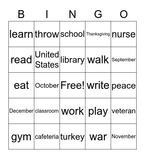 Veteran's Day Bingo Card