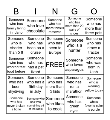 Getting to know you Bingo Card