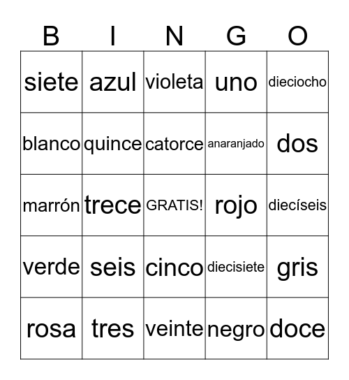 Spanish Numbers and Colors Bingo Card