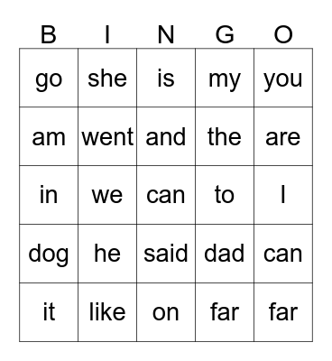 Peyton's Sight Words Bingo Card