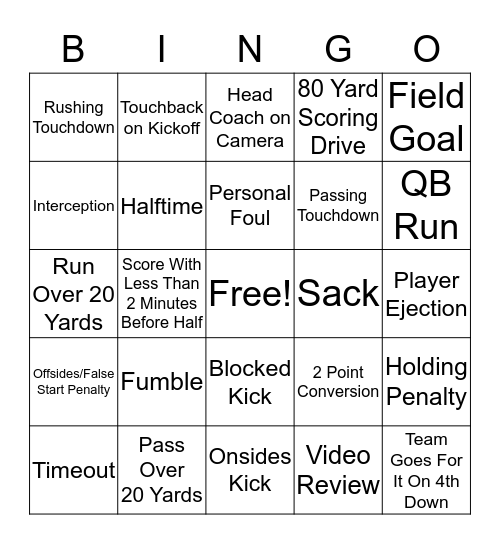 4th Street's Football Bingo Card