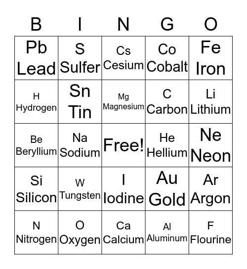 Elementals Bingo Card