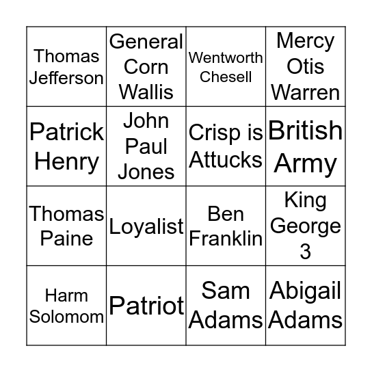 Civil War Bingo Card