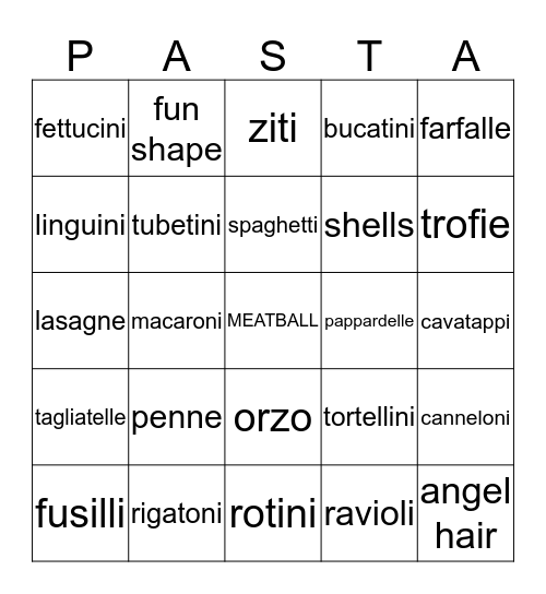 PASTA Bingo Card