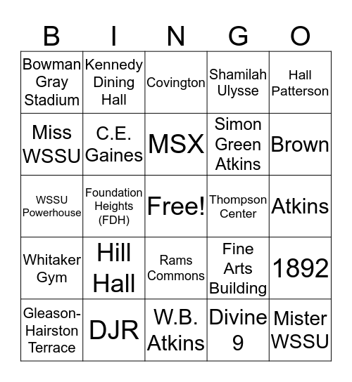 WSSU Bingo Card