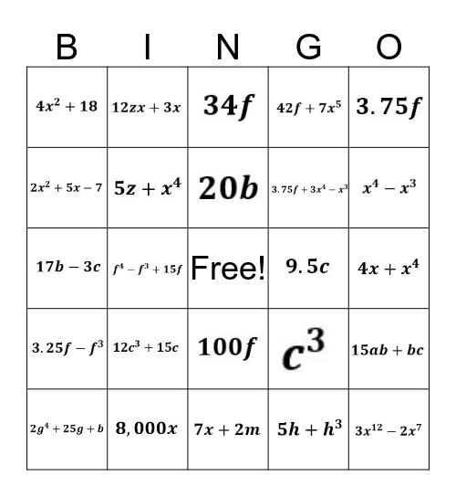 Combining Like Terms Bingo Card