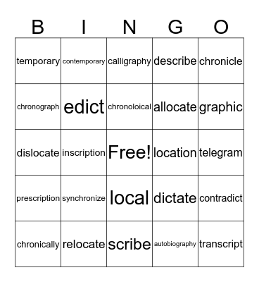 Time and Place and Express Yourself Bingo Card