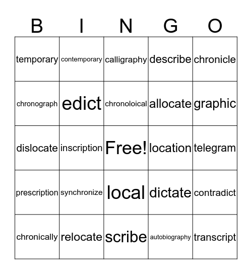 Time and Place and Express Yourself Bingo Card
