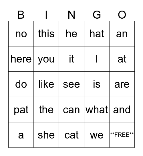 Sight Word Bingo Card