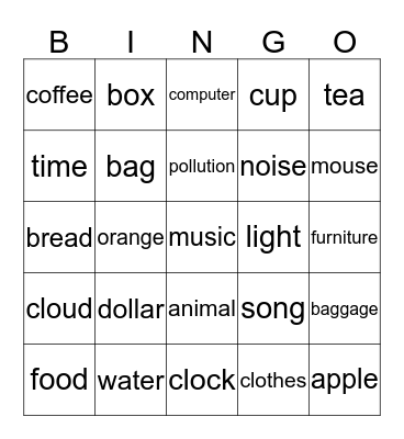 Countable & Uncountable Nouns Bingo Card