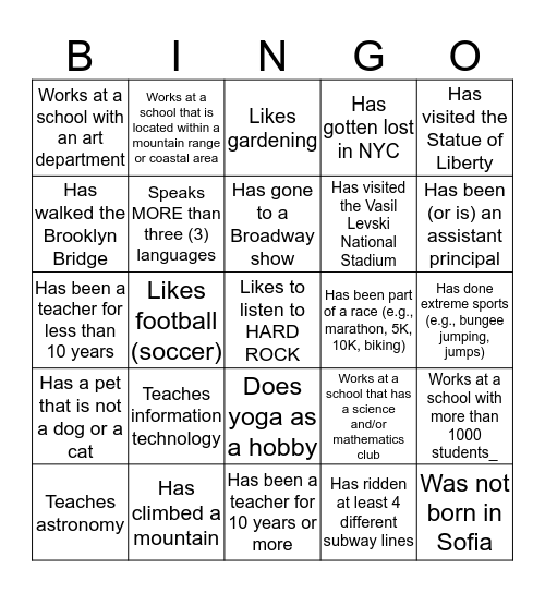 Mentor Bingo Card