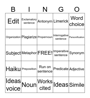 Language Bingo Card