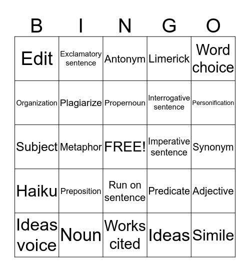 Language Bingo Card