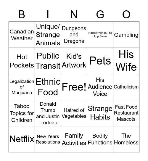 Jim Gaffigan Bingo  Bingo Card