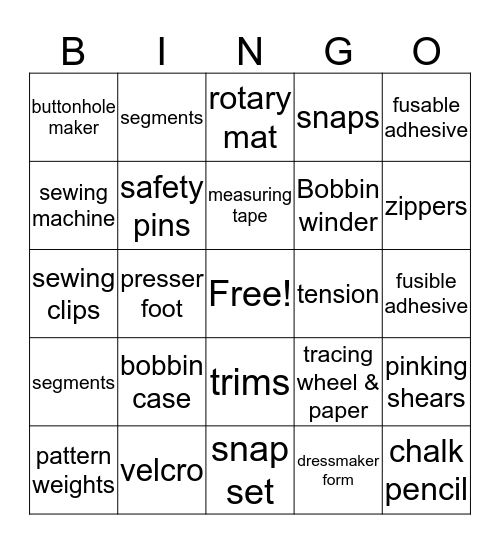 Sewing BINGO Card