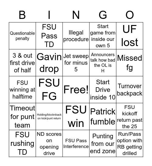 FSU Bingo Card