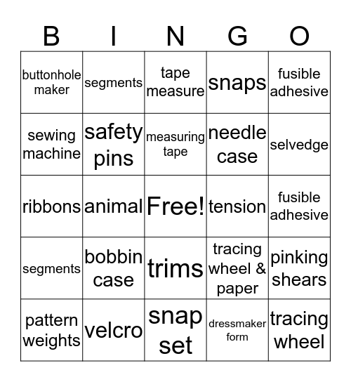 Sewing BINGO Card