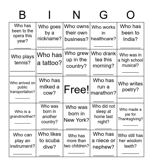 GET TO KNOW CARLA'S PEOPLE Bingo Card