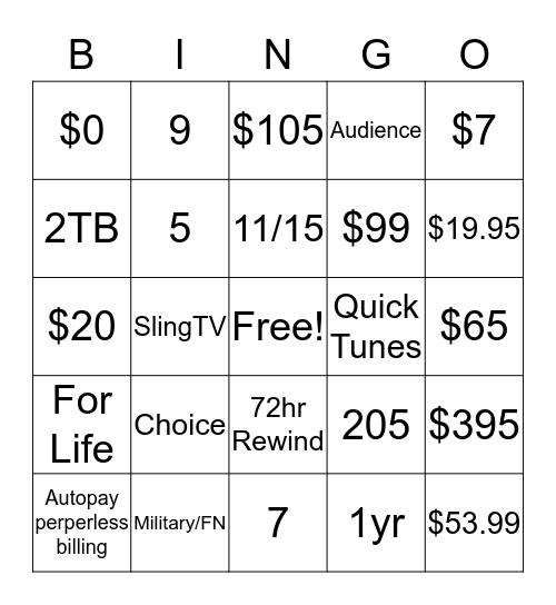 Entertainment Bingo Card