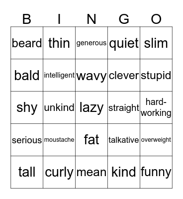 appearance/ personality  Bingo Card