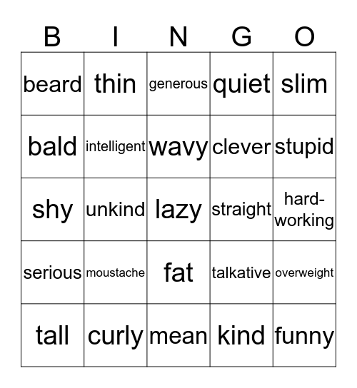 appearance/ personality  Bingo Card