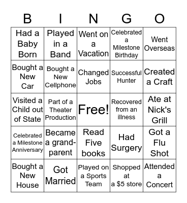 Walls Family News 2018 Bingo Card