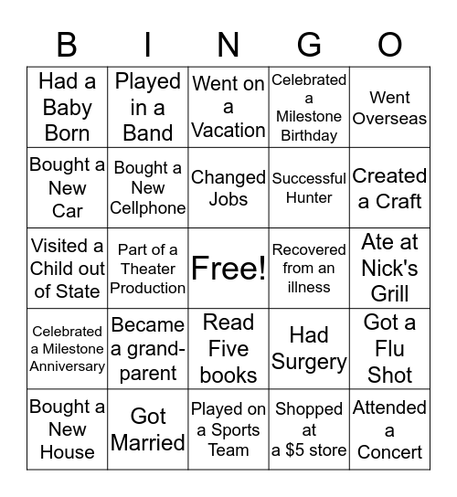 Walls Family News 2018 Bingo Card