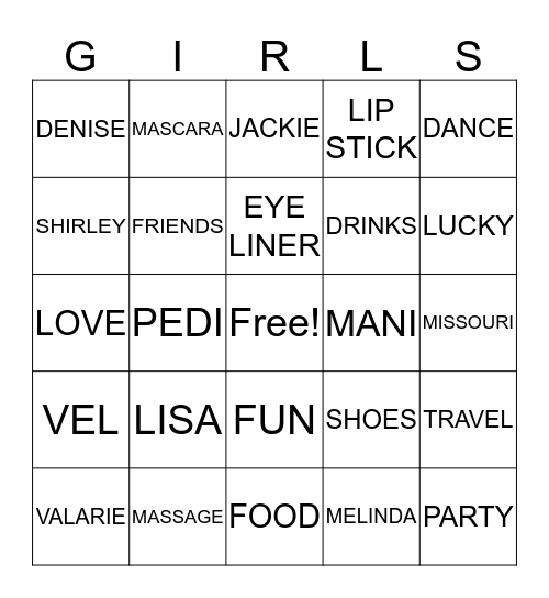 GIRLS TIME Bingo Card