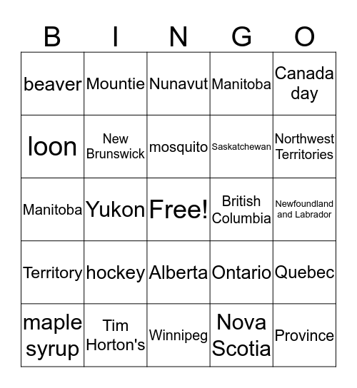 Canada Bingo Card