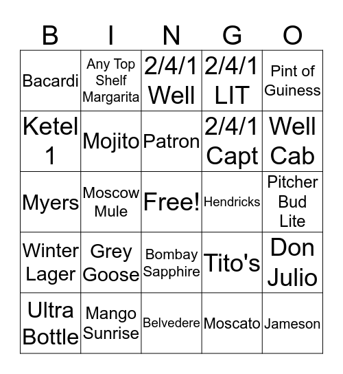 Gator's Dockside Liquor Bingo Card