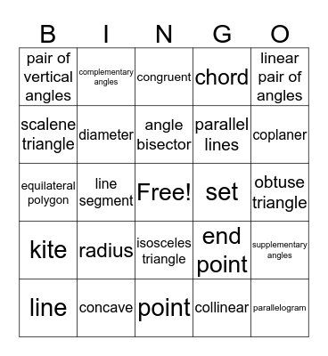 Geometry Vocabulary Bingo Card