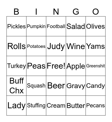 Aunt Kate's Drunken Turkey Bingo Card