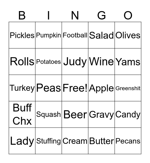 Aunt Kate's Drunken Turkey Bingo Card