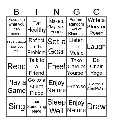 Stress Management Bingo Card